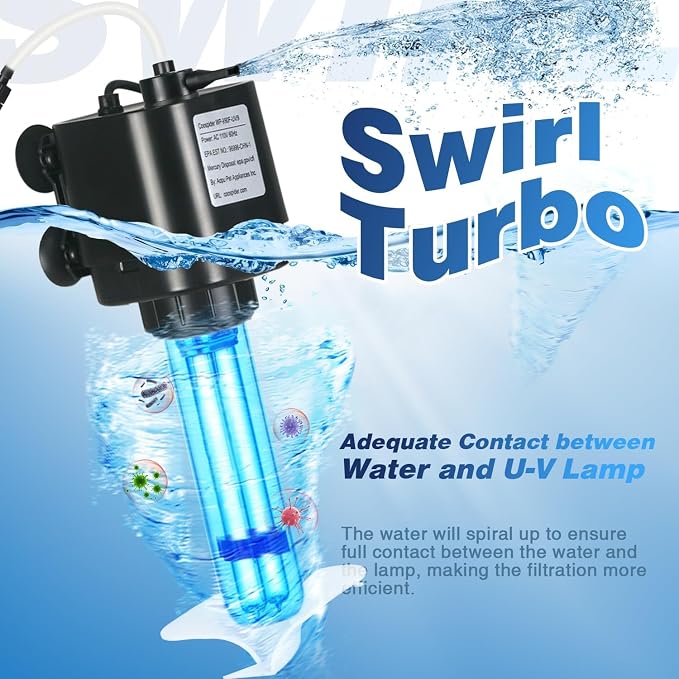 TARARIUM 40-75 Gallon U-V Aquarium Filter for Fish Turtle Tank, Swirl Turbo | Bio Sponge+U-V, Auto-Timer Bulb Lasts Longer, Clear Green Water, Quiet Internal Filter, Aeration, Saltwater Freshwater 211GPH