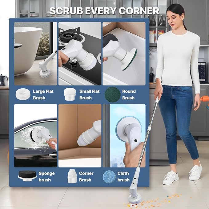 Electric Spin Scrubber Bathroom Cordless with 6 Replaceable Brush Heads