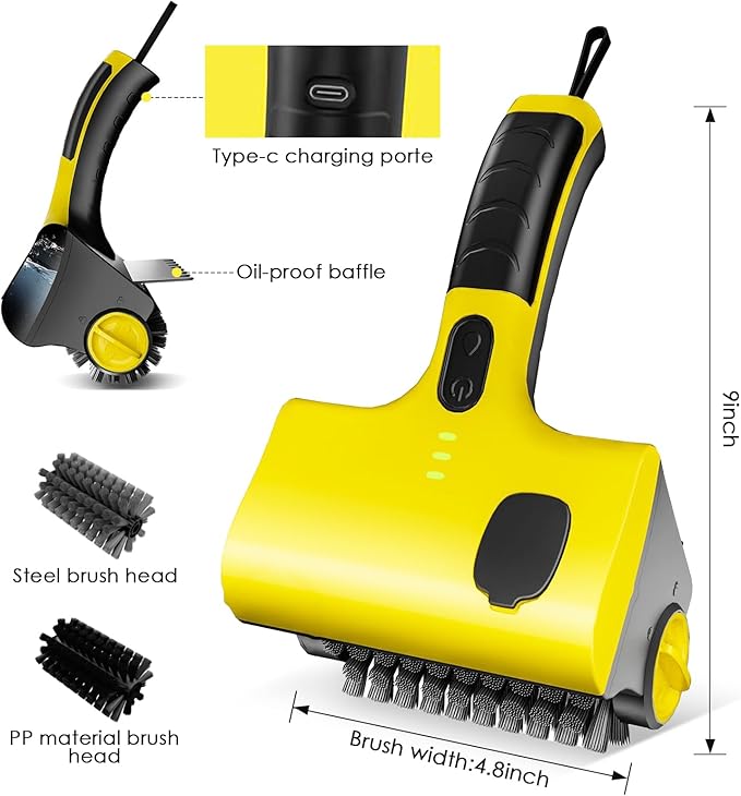 Electric Grill Brush with Liquid Box, Cordless Rechargeable Barbecue Grill Cleaner, 2-Speed, 360° Rotating Cleaning Brush with Replacement Bristles