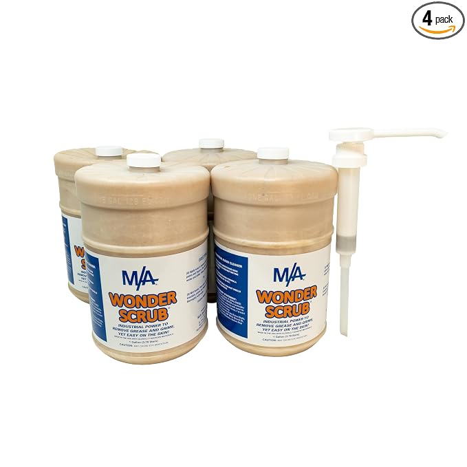 M/A Wonder Scrub - Industrial Strength Mechanic Hand Cleaner - All Natural Walnut Shell Soap - Tough on Grease and Dirt (Gallon 4 Pack & Pump)