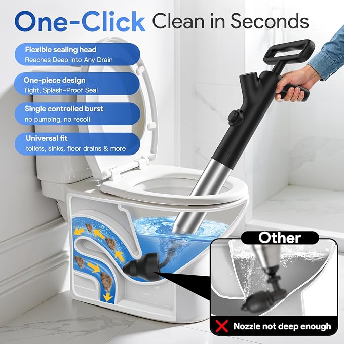 Granarbol Plungers for Bathroom, Toilet Plunger & Air Drain Blaster with Real-Time Gauge,Heavy Duty Toilet Auger & Drain Snake, Clog Remover Tool for Toilets, Sinks, Floor Drains (Black)