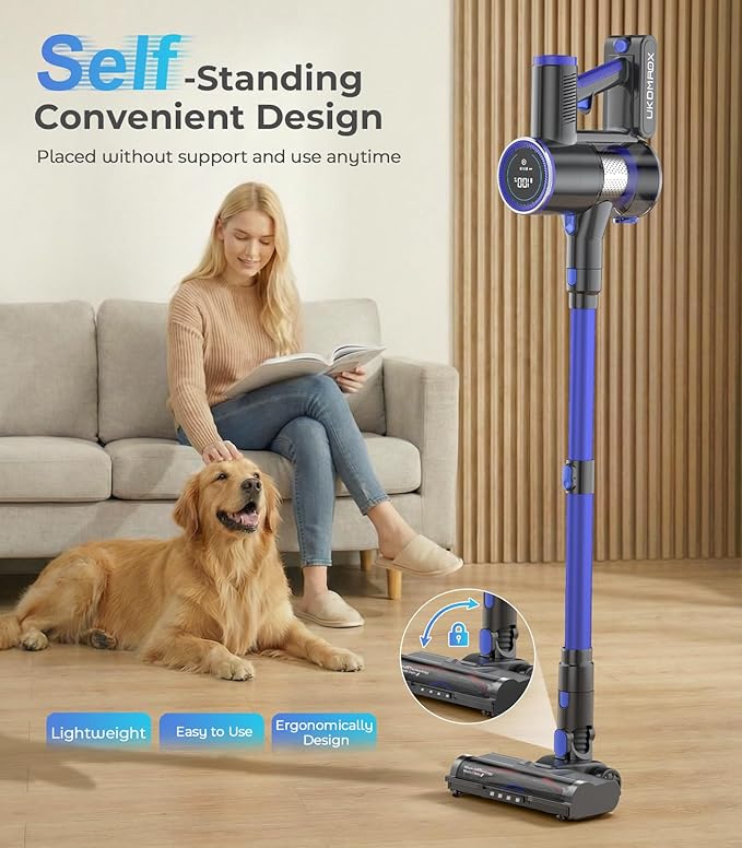 Cordless Vacuum Cleaner, 550W 50KPa 45Mins Vacuum Cleaners for Home, Self-Standing Stick Vacuum with Anti-Tangle Brush & LED Display for Hardwood Floors, Carpet, Pet Hair, Car
