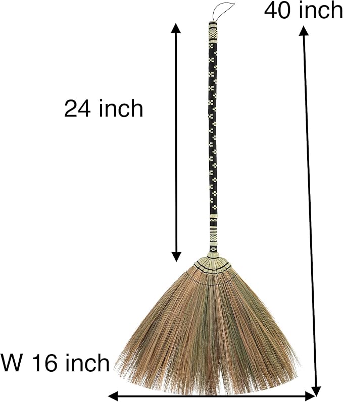 Asian Straw Broom Witch Broom Undecorated Wedding Jumping Broom with Bamboo Stick Handheld Size Handle - Hardwood Floor, Tile Floor Sweeper Housewarming (Black)