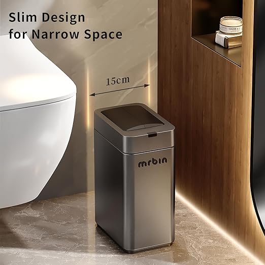MRBIN Slim 2.4 Gal Bathroom Trash Can with Lid – Small Stainless Steel Touchless Motion-Sensor Waste Basket for Office, Bedroom, Kitchen, RV, Quiet Close, Dog-Proof, Space-Saving Narrow Garbage Can