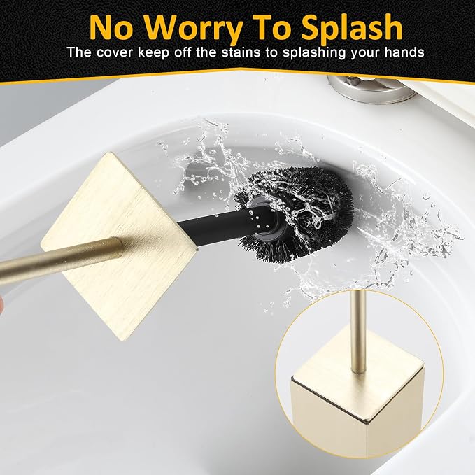 BVL Toilet Brush and Holder Floor Standing, Brushed Gold with 2 Replaceable Heads, Bathroom Toilet Brush, Freestanding Toilet Bowl Brush with Removable Liner and Splash Guard