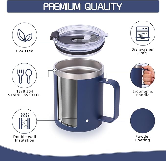 Volhoply 12oz Insulated Leakproof Coffee Mug with Flip & Straw Lid Bulk 8 Pack,Double Wall Vacuum Stainless Steel Travel Tumbler Cup with Handle,Reusable Camping Mugs Keep Cold(Assort color,8 Set)