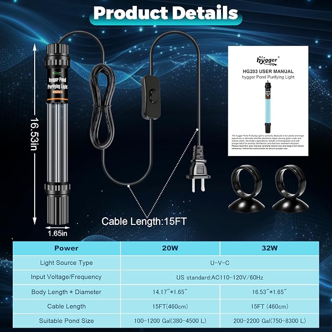 hygger 32W Pond & Aquarium U-V Light Water Clarifier for 200–2200 Gallons | 254nm Wavelength, Dual Tube U-V Light, Water Clarity Support, For Koi Ponds, Large Fish Tanks, Pools, Spas, Cold Plunge