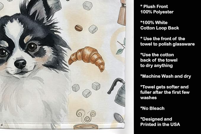 Caroline's Treasures Black and White Pomeranian Coffee Bar Kitchen Towel Velour Plush Front and Cotton Loop Back Machine Washable