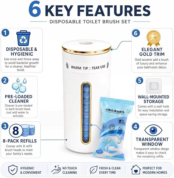 Toilet Brush Set, White, Disposable Replacement Brush Heads, Stylish and Simple Style (1, Toilet Brush Set with 32 Brush Heads)