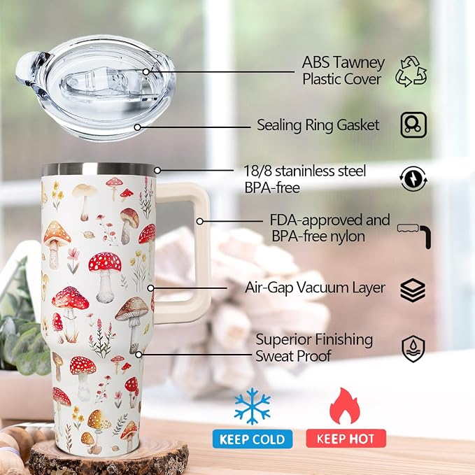 Ceovfoi 40 Oz Mushroom Stainless Steel Coffee Travel Mug Cup Water Bottle Tumbler with Handle Lid and Straw,Mushroom Decor,Mushroom Gifts for Women