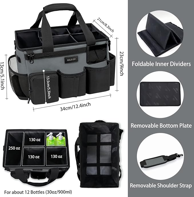 Wearable Cleaning Caddy Bag,Cleaning Supply Tote for Cleaning Supplies, Cleaning Organizer with Adjustable Shoulder and Waist Straps for Cleaners & Housekeepers (Grey, Large)