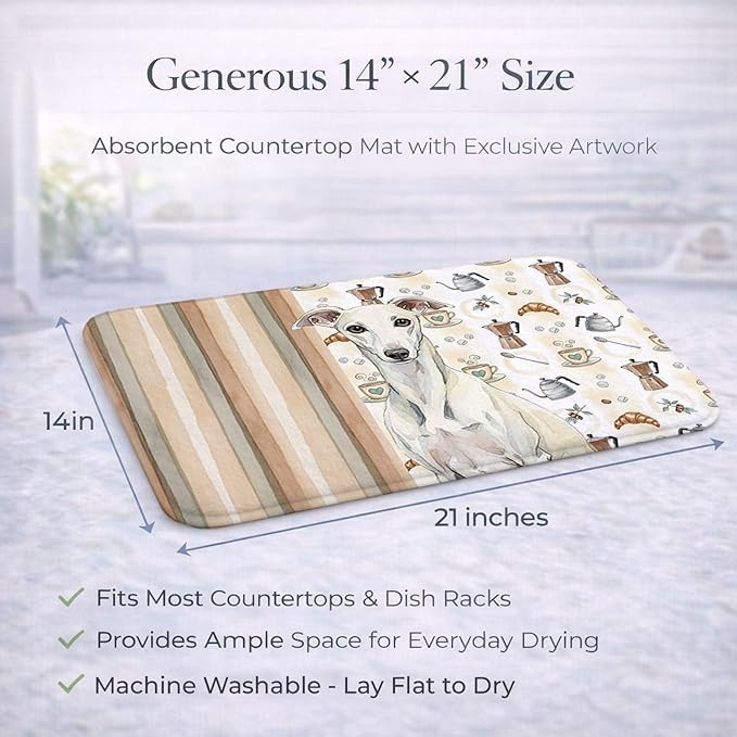 Caroline's Treasures White Whippet Coffee Bar Dish Drying Mat Absorbent Dish Drying Mat Pad for Kitchen Counter Dish Drainer Mat for Countertop, 14 x 21", Multicolor