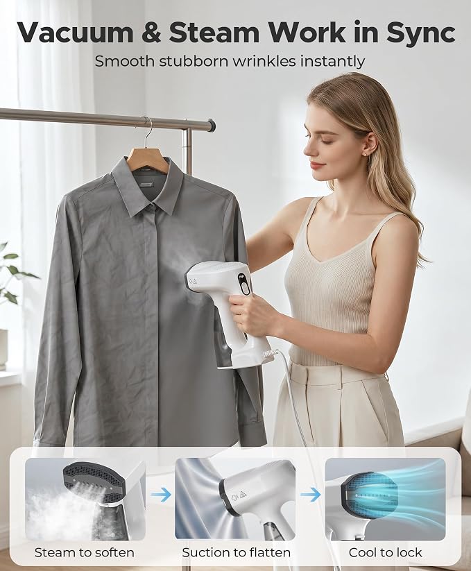 Sweepulire Vacuum Steamer with 330ml Water Tank, 3500Pa Suction Handheld Clothes Steamer, 1200W Steam & Dry 2-in-1 Modes, LED Display, 3X Faster Wrinkle Removal Clothes Steamer, 110-120V