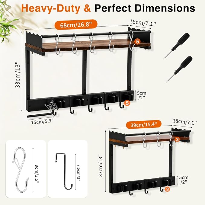Broom Holder Wall Mount, Heavy Duty Broom and Mop Organizer Wall Hanging with Vacuum Stand, 5 Grippers & 10 Hooks, Utility Racks with Wood Shelf & Guard, Laundry Organization & Storage (L)