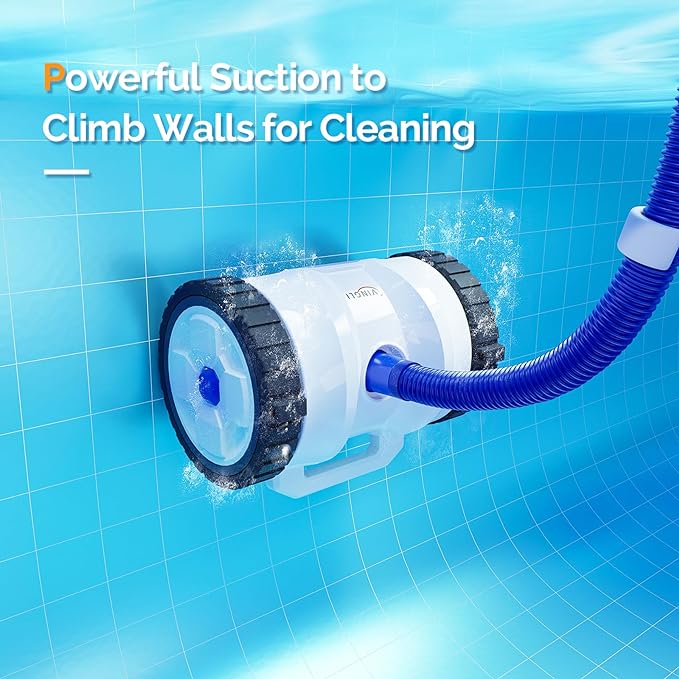 (2025 Upgrade) VINGLI Automatic Suction-Side Pool Vacuum Cleaner, Powerful Wall-Climbing Sweeper for Inground Pools, Includes 39.6ft Tangle-Free Hose (Blue&White)