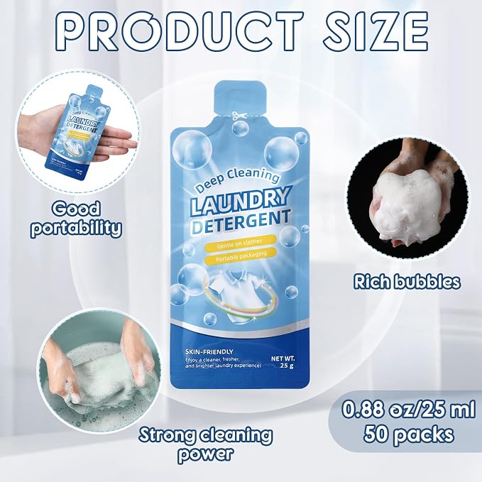 Loopeer 50 Pcs Individual Travel Laundry Detergent 0.88 oz Portable Liquid Detergent Packets for Sink Washing Travel Size Single Use Liquid Soap for Dorms Hotels Hostels Essentials Cleaning