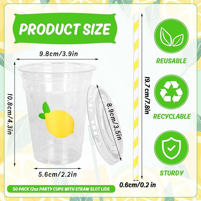 Whaline 50 Pcs Lemon Disposable Plastic Cups with Lids and Straws, 12 Oz | Yellow Summer Fruit, Cold Beverage Drinking Cups, for Birthday Baby Shower Party Supplies