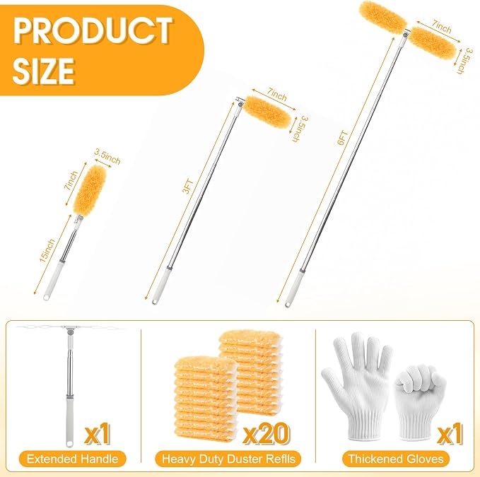 6 ft Extendable Duster Handle with 40 Refills and 1 Pair of Gloves Compatible with Swiffer Duster 360° Heavy Duty Microfiber Dusters Kit for Cleaning High Ceilings and Fans, Vents(Orange)
