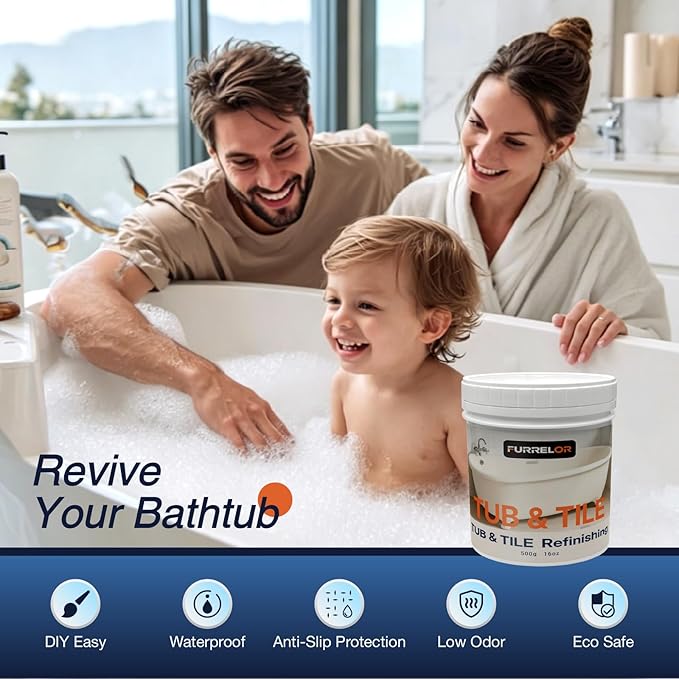 Tub and Tile Refinishing Kit, Tub Paint 16oz with 10pcs Tools, Tile Paint Kit Shower Bathtub Paint Water Based & Low Odor, Easy to Use Sink for Bathroom Kitchen, Semi-Gloss White, 25-30sq.ft