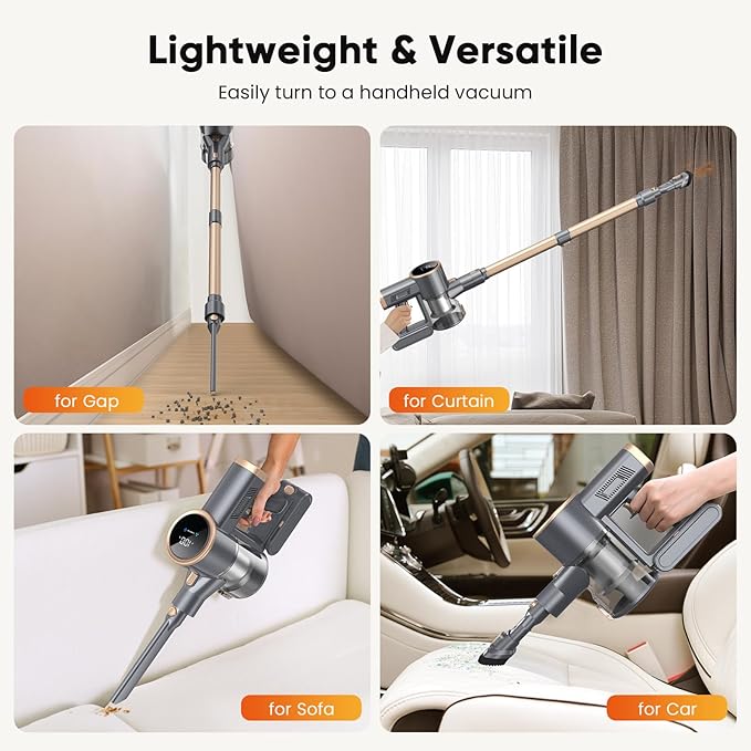 N12S Cordless Vacuum Cleaner, 30KPa Powerful Vacuum with 60 Mins Runtime, Self-Standing, LED Display, Rechargeable Lightweight Handheld Vacuum Cleaners (Gold)