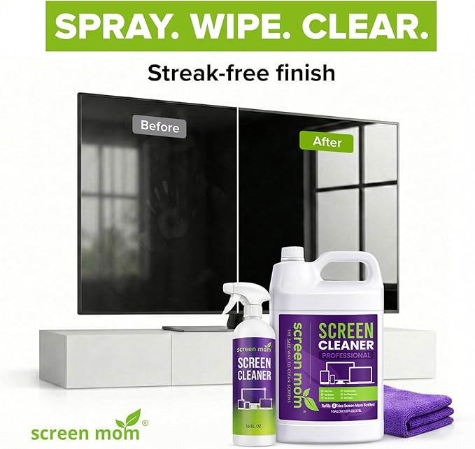 Screen Mom Ultimate Screen Cleaning Kit - 16oz TV Screen Cleaner Spray and Wipes Microfiber Cloth with 1 Gallon Cleaner Refill for TVs, Monitor, Laptop, Car, Phone, iPad, Computer Cleaning Kit