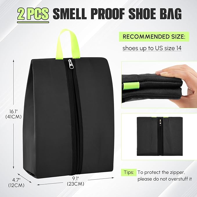 2 Pcs 2 Pack 4 Layer Smell Proof Cleat Bag Fits up to Size 14, Odor & Mud Resistant Cleat Storage, Waterproof, Fits Soccer, Football, Baseball & Golf Shoes (Black,White)