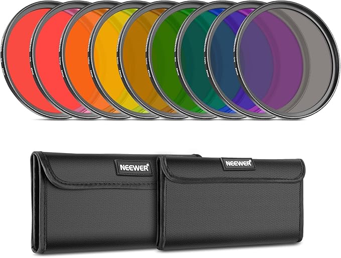 Neewer 9 Pack 55mm Colorful Resin Filter with Red, Orange, Blue, Yellow, Green, Brown, Purple, Pink, Grey Available with 2 Pouches, Camera Lens Accessories