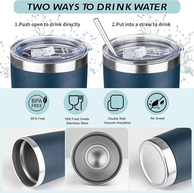 20oz Tumbler with Straw and Brush, Stainless Steel Vacuum Insulated tumbler, Double Wall Insulated Coffee Tumbler for Outdoor, Home, Travel,Office (Navy blue,1pcs)