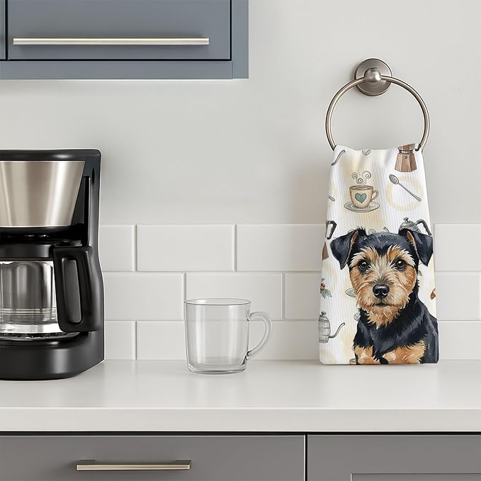 Caroline's Treasures Black and Tan Norfolk Terrier Coffee Bar Kitchen Towel Velour Plush Front and Cotton Loop Back Machine Washable