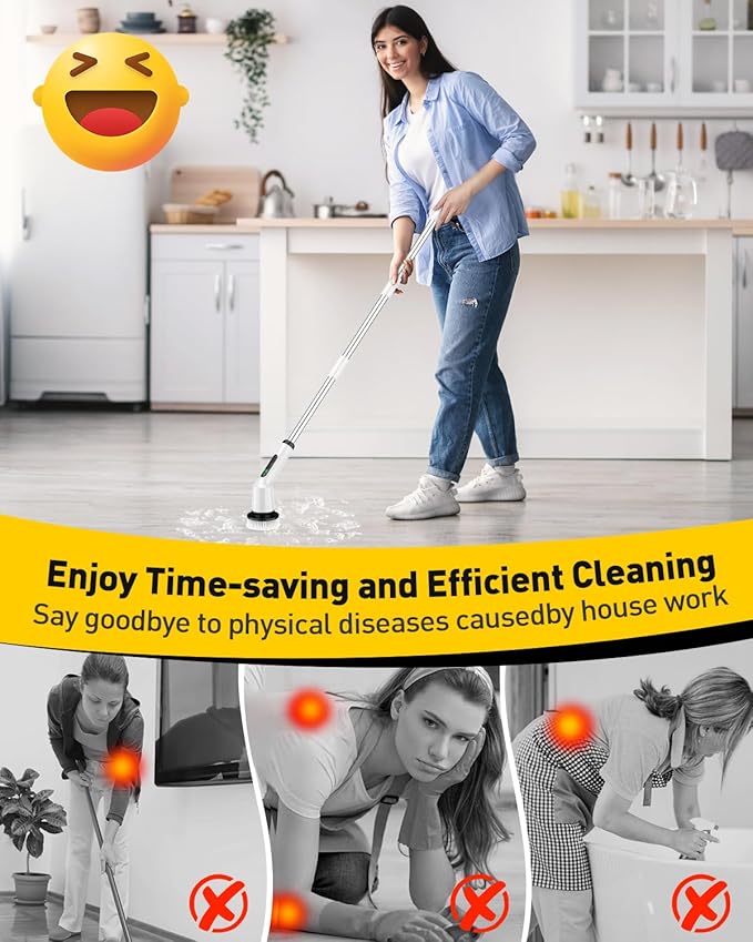 Shower Scrubber with Long Handle, Shower Cleaner Brush with 8 Brush Heads, Cordless Electric Spin Scrubber for Cleaning with 2 Speed, Cleaning Supplies for Bathroom Bathtub Kitchen Floor Tile Toilet