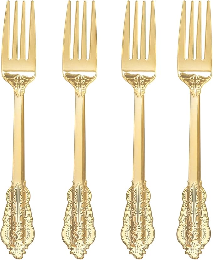 WDF 100 Piece Gold Forks Disposable - 7.48 Inch Gold Plastic Forks - Baroque Plastic Silverware for Dessert Cake - Heavy Duty for Party Wedding Daily Using Baby Shower Spring