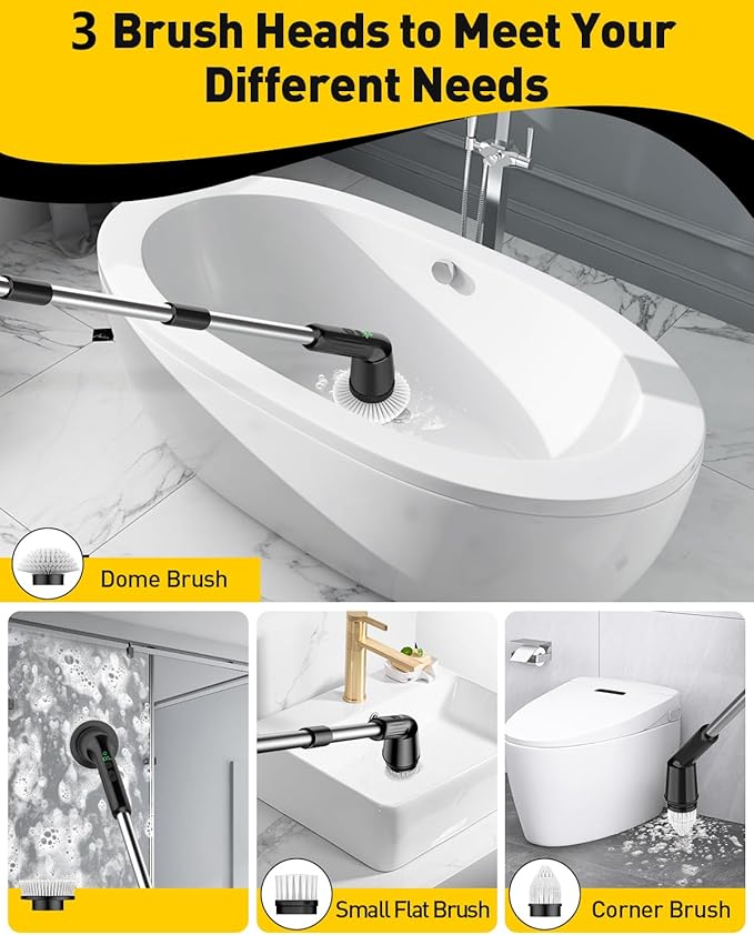 Shower Scrubber with Long Handle, Bathroom Cleaner Brush with IPX7 Waterproof, Cordless Electric Spin Scrubber for Cleaning with 2 Speed, Cleaning Supplies for Bathtub Kitchen Floor Tile Toilet