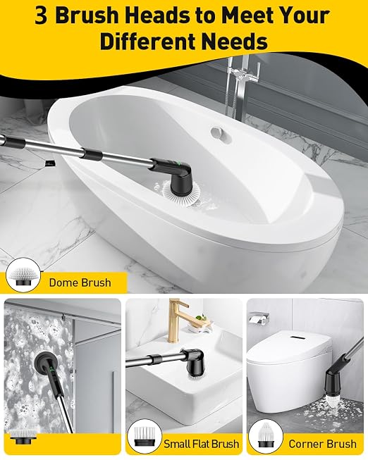 Electric Spin Scrubber for Cleaning Bathroom, Shower Scrubber Rotary Floor Brushes with IPX7 Waterproof & 2 Speed, 3 Brush Heads, Bathroom Cleaning Supplies for Toilet Shower Tub Sooty