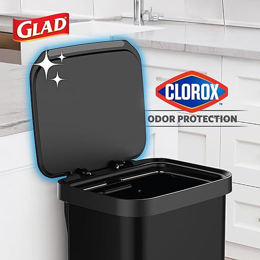 Glad 20 Gallon All Stainless Steel Trash Can with Clorox Odor Protection | Large Metal Kitchen Garbage Bin with Soft Close Lid, Garbage Bag Rings, Step On Foot Pedal and Waste Bag Roll Holder, Black