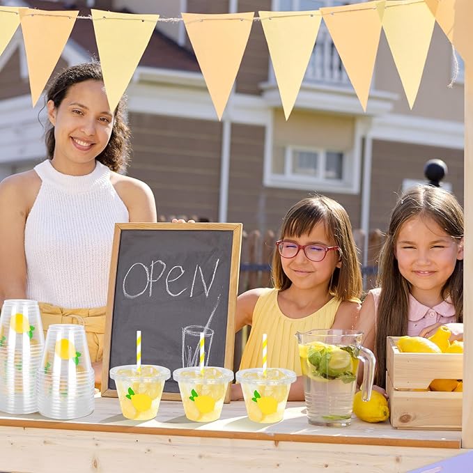 Whaline 100 Pcs Lemon Disposable Plastic Cups with Lids and Straws, 9 Oz | Yellow Lemon, Fruit Theme, Cold Beverage Drinking Cups, for Party Iced Coffee Smoothie Juice Tea
