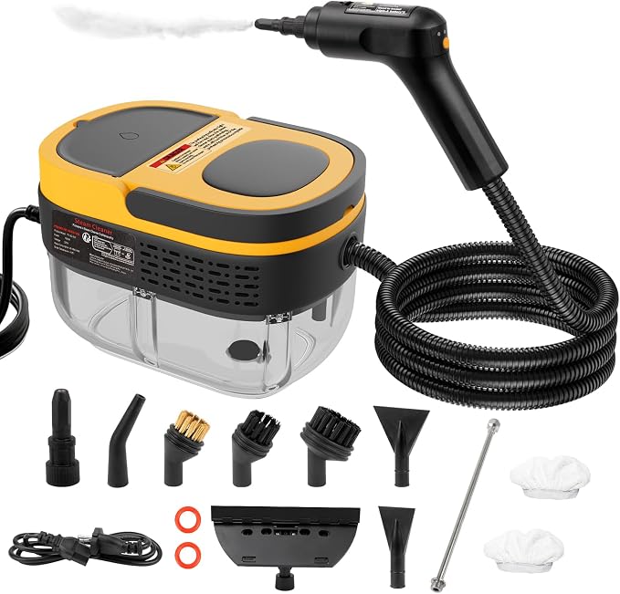 Steam Cleaner - 3-Level Adjustable Handle 15s Heat-Up - Steaming cleaner with 10pcs Accessories - Portable Steam Cleaner for Home for Car, Dirt, Grease, Grout, Tile, Floor, Couch, Furniture-Yellow