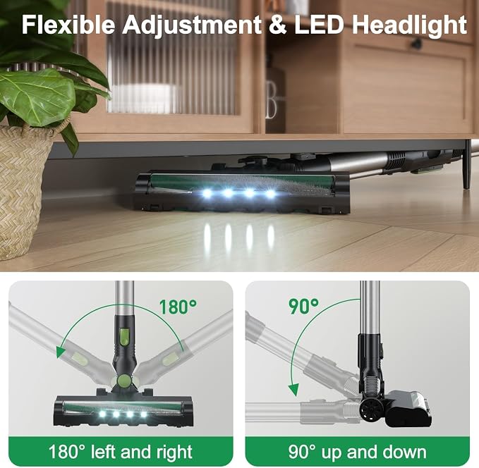 PRETTYCARELIFE 6-in-1 Cordless Vacuum Cleaner,Stick Vacuum with 180° Bendable Wand,High Power/Powerful Suction/Long Runtime,Self-Standing Wireless Vacuum for Hardwood Floor (Green)
