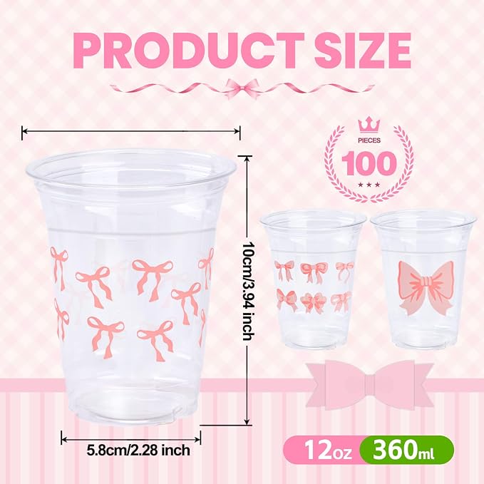 150 Pack Pink Bow Party Plastic Cups 12 oz Coquette Bow Disposable Drinking Cups for Bachelorette Bridal Shower Birthday Party Decorations