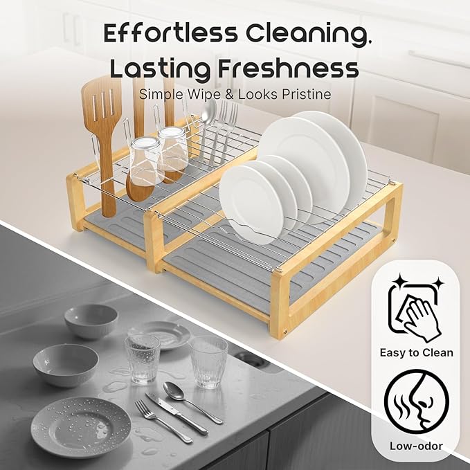 ArtyCozy Extra Large Stone Dish Drying Mat with Stainless Steel and Bamboo Rack for Kitchen Counter, Super Absorbent Diatomaceous Earth and Quick Drying Rack, 24.2" × 16.5" × 7.2"