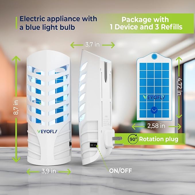 VEYOFLY Fly Trap (1 Device + 3 Glue Boards) + 5 Refills Pack Bundle - Plug in Flying Insect Trap, Fruit Fly Traps for Indoors-Mosquito,Fruit Fly, Gnat Trap, Bugs- No Odor
