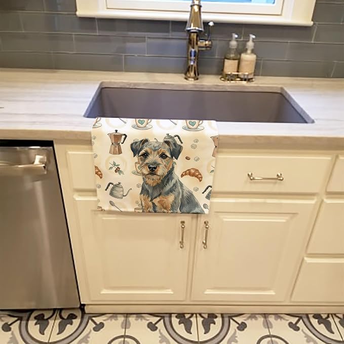 Caroline's Treasures Blue and Tan Border Terrier Coffee Bar Kitchen Towel Velour Plush Front and Cotton Loop Back Machine Washable