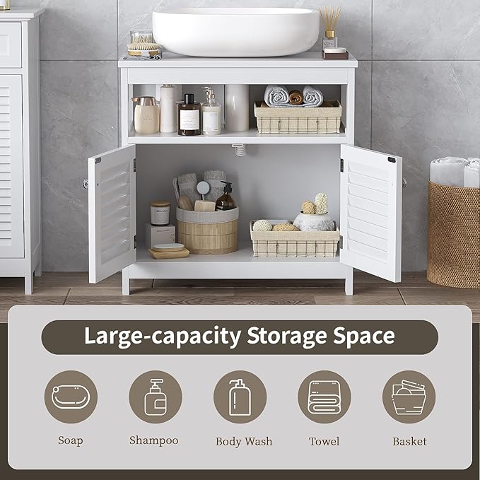 U-Shaped Under Sink Storage Cabinet with 2 Doors & Open Shelf, Freestanding Bathroom Vanity Organizer for Pedestal Sink, Water-Resistant MDF Cabinet for Toiletries & Cleaning Supplies, White