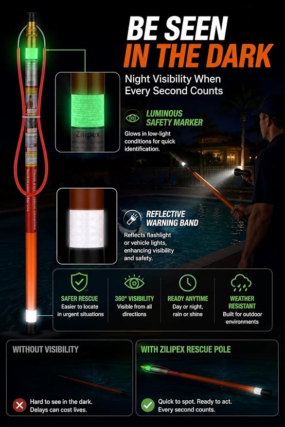 15FT Telescopic Pool Rescue Pole with Safety Hook, Fiberglass Water Safety Equipment for Pools, Docks, Marinas & Lakefront Properties, Emergency Rescue Tool for Homes, Resorts & Community Facilities | Essential Water Safety Equipment