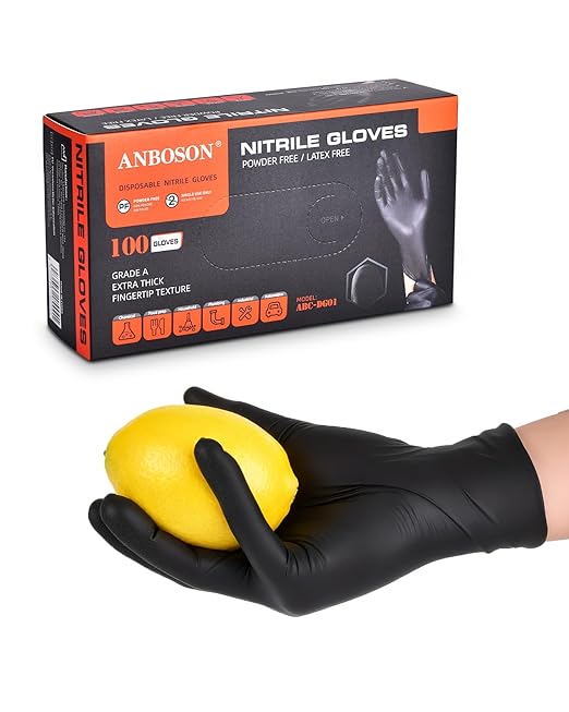ANBOSON Nitrile Gloves ASTM D6319 - Food Handling - Powder Free and Latex Free 6 Mil Thickness Disposable Gloves for Food Preparation, Cooking, Baking, Grilling - Large, Black of 100 Pcs