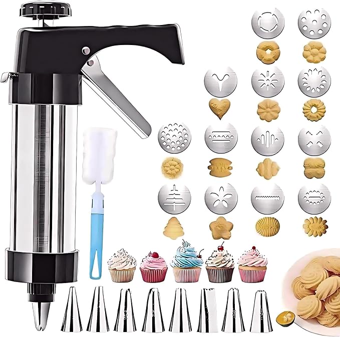 23-Piece Cookie Press Set,Cookie Press Gun Decorating Kit with 13 Stainless Steel Disksand 8 Piping Tips and Cleaning Brush,Holiday Baking and Everyday Treats, Essential Baking Supplies