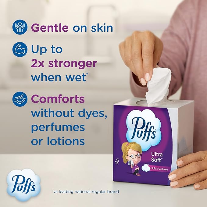 Puffs Ultra Soft Facial Tissues, 4 Family Size Boxes, 124 Facial Tissues per Box, Allergies and Colds