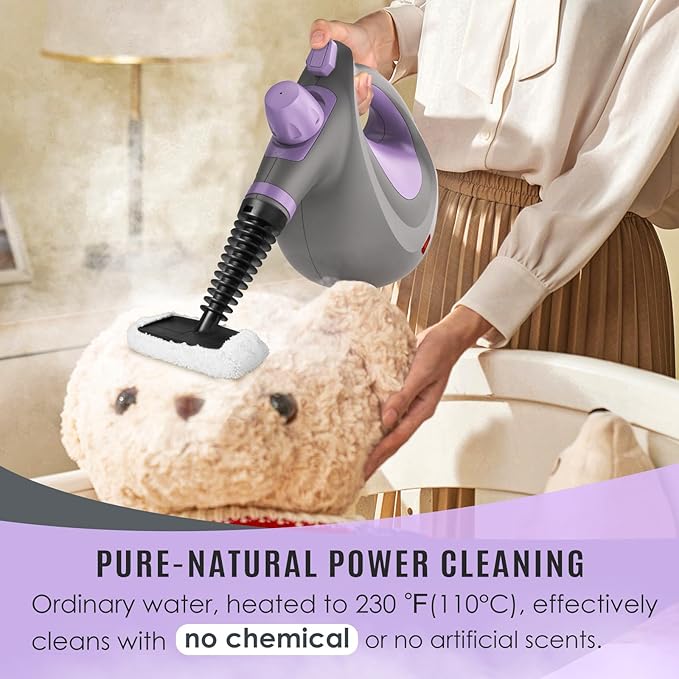 Pressurized Handheld Multi-Surface Natural Steam Cleaner with 12 pcs Accessories, Multi-Purpose Steamer for Home Use, Steamer for Cleaning Floor, Upholstery, Grout and Car (Grey) (Purple)