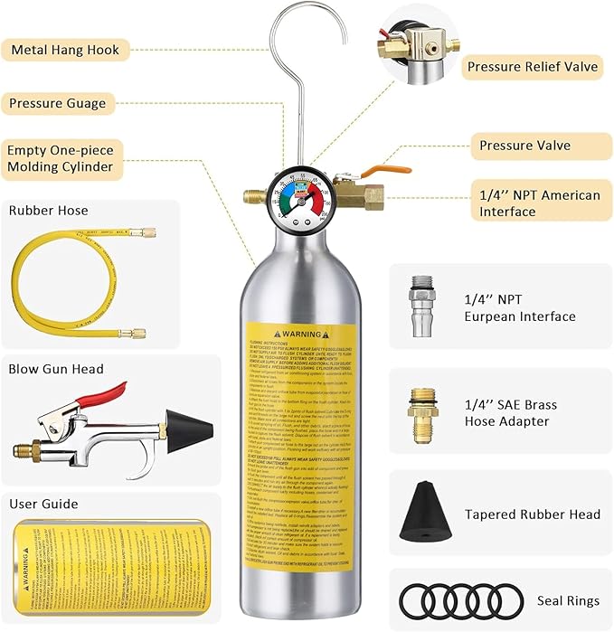 Rossesay AC Flush Kit Air Conditioner System Flush Canister Kit AC Drain Line Cleaner Tool Conditioning Pipeline Cleaning Tool Set with Gauge, Air Fittings and Hose for Car Conditioner Pipe (Novel)