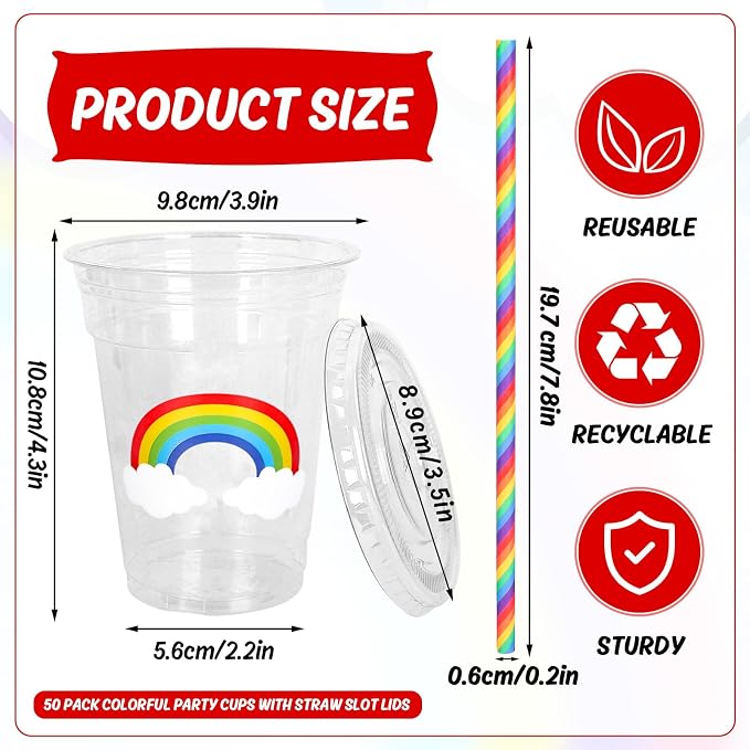 Whaline 50 Pcs 12 Oz Pastel Rainbow Disposable Plastic Cups with Lids and Straws Colorful Cold Beverage Drinking Cups for Birthday Baby Shower Party Supplies