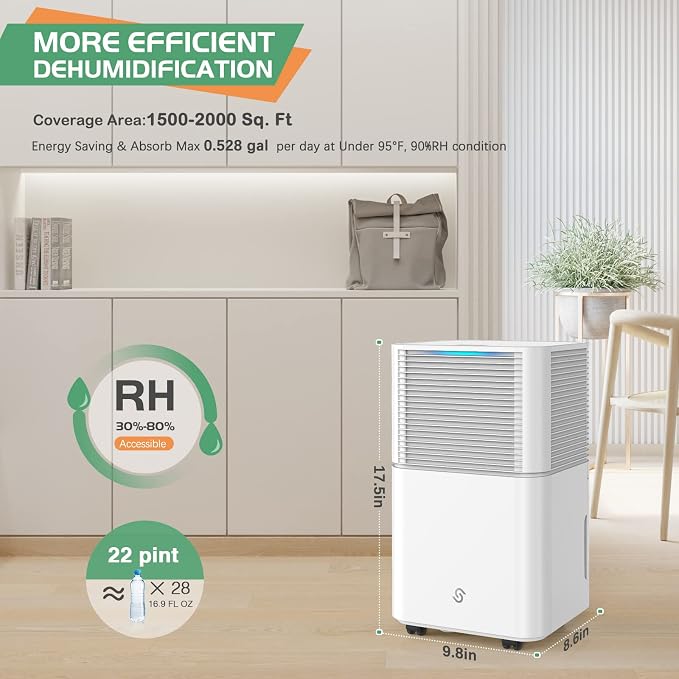 HUMILABS 1500 Sq. Ft Dehumidifiers for Home and Basements,22 Pints Dehumidifiers for Large Room with Auto or Manual Drainage,0.528 Gallon Water Tank,24 Hours Timer,Dry Clothes Mode